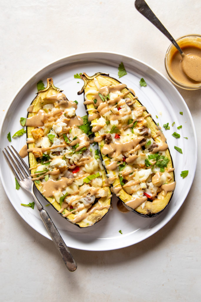 Turkey Sausage Scramble Stuffed Eggplant 